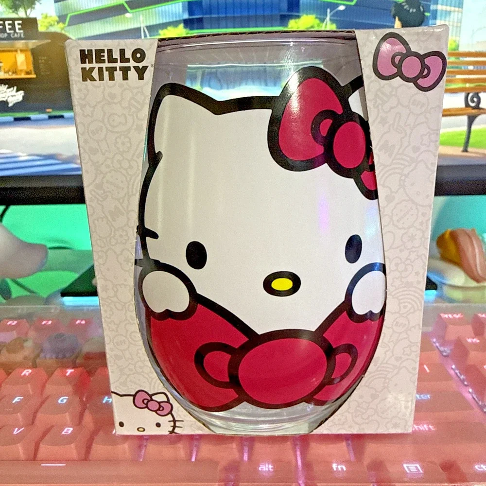 Hello Kitty Stemless Glass 20oz Clear Cup 2023 Pink Bow Sanrio Tear Drop